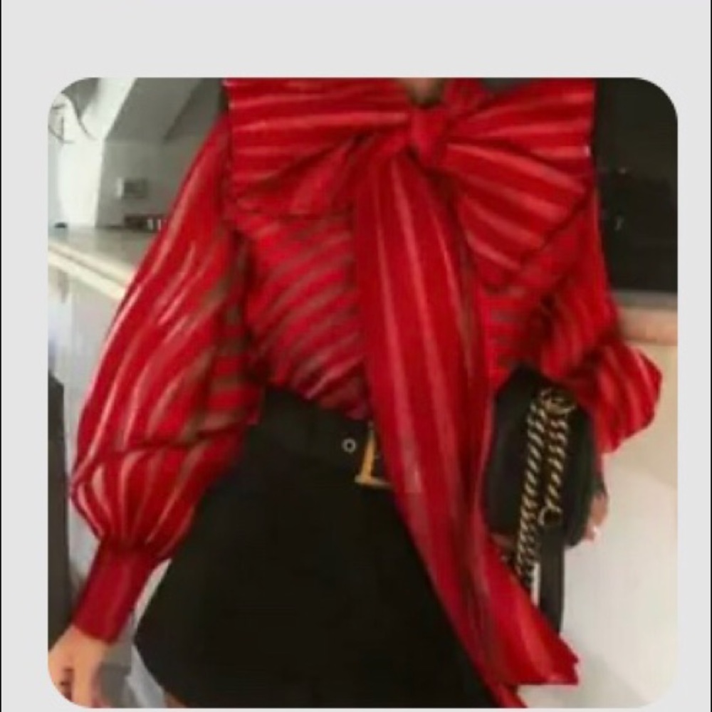 Ladies Bow Knot, long sheer puff sleeve Blouse